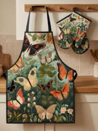 Butterflies are flying Quilted Apron Set (2-Piece) – Padded Apron + Heat-Resistant Oven Mitts